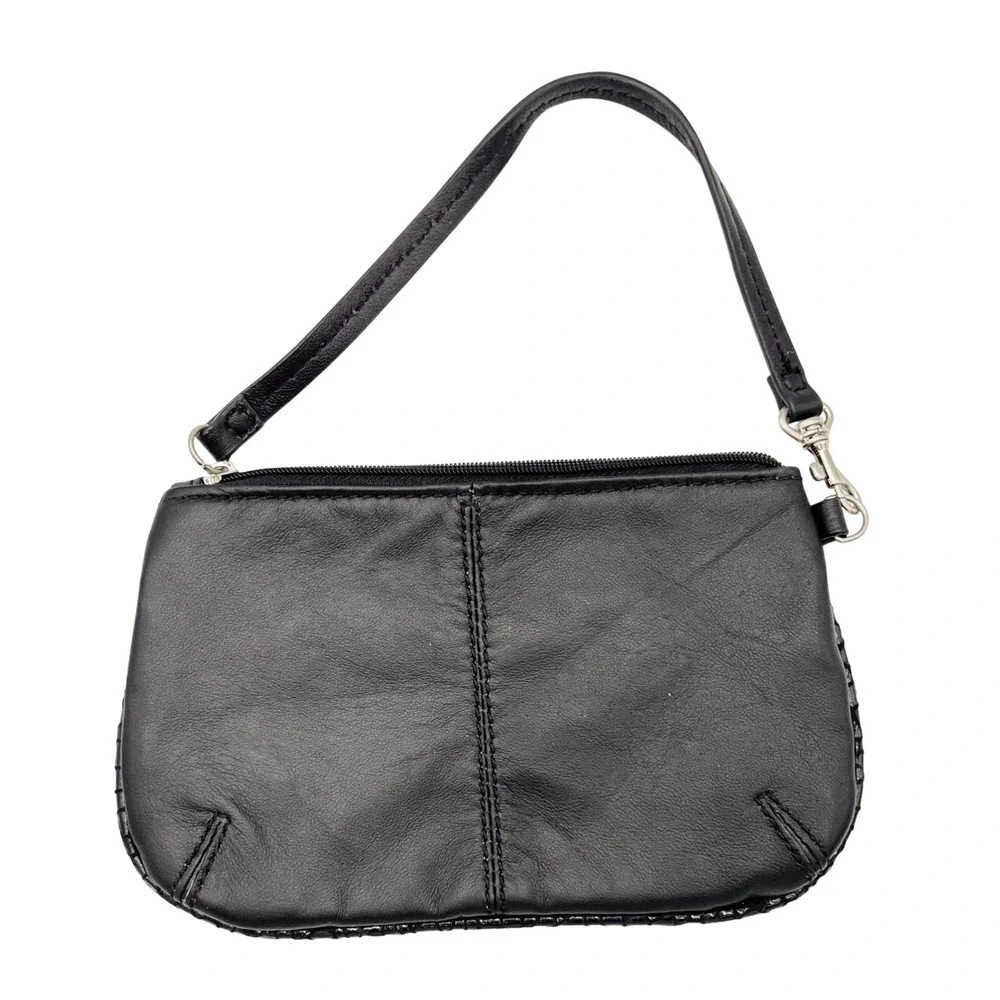 Sharif Black Leather Wristlet Pouch Silver Logo Zip Top Small Handbag Bag Womens